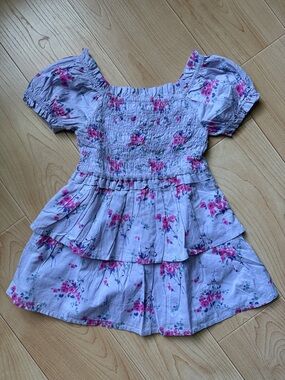 GAP Kids Lilac Floral Smocked Puff Sleeve Tiered Dress w/ Pink Flowers Sz 3 NWT